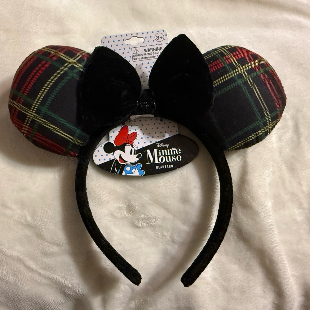 Disney Plaid Ear Headband with Black Velvet Bow